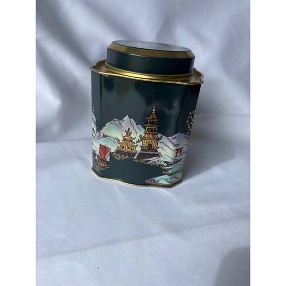 Vintage Chinoiserie Metal Tea Tin Green Gold Pagoda Landscape Storage Canister - Picture 2 of 8
